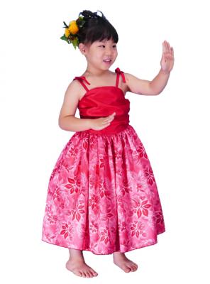 Hula Kids Drape Satin Dress with Lehua Print / Red / Gp28rd