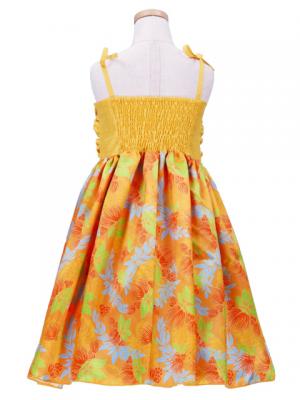 Hula Kids Drape Satin Dress with Lehua Print / Yellow / Gp28ye