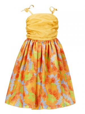 Hula Kids Drape Satin Dress with Lehua Print / Yellow / Gp28ye