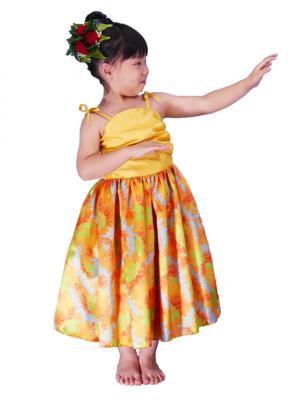 Hula Kids Drape Satin Dress with Lehua Print / Yellow / Gp28ye