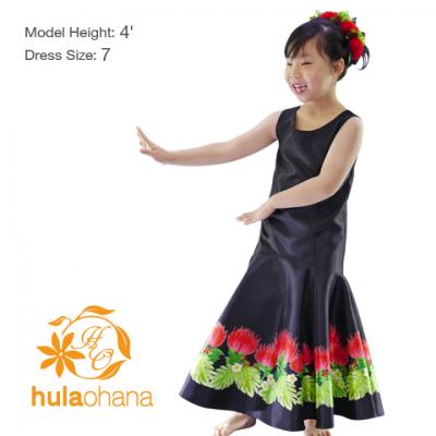 Hula Kids Shantung Dress with Lehua Print / Luxury Collection / Black / Jp35bk