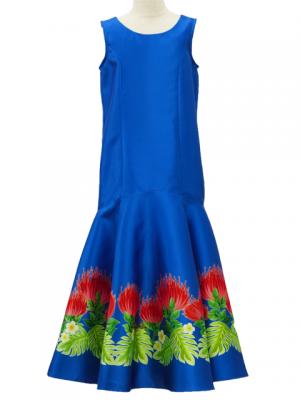 Hula Kids Shantung Dress with Lehua Print / Luxury Collection / Blue / Jp35bl