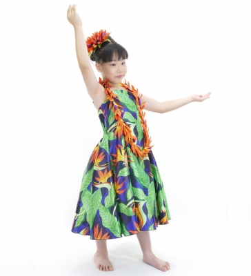 Hula Kids Shantung Dress with Strelitzia Print / Luxury Collection / Blue / Jp47bl