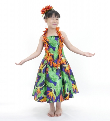 Hula Kids Shantung Dress with Strelitzia Print / Luxury Collection / Blue / Jp47bl