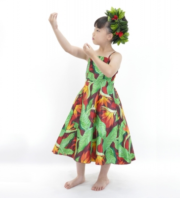 Hula Kids Shantung Dress with Strelitzia Print / Luxury Collection / Brown Red / Jp47br