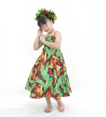 Hula Kids Shantung Dress with Strelitzia Print / Luxury Collection / Brown Red / Jp47br