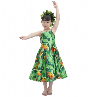 Hula Kids Shantung Dress with Strelitzia Print / Luxury Collection / Green / Jp47gr