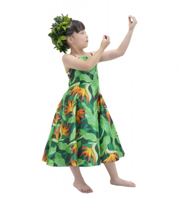 Hula Kids Shantung Dress with Strelitzia Print / Luxury Collection / Green / Jp47gr