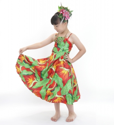 Hula Kids Shantung Dress with Strelitzia Print / Luxury Collection / Red / Jp47rd