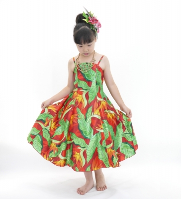 Hula Kids Shantung Dress with Strelitzia Print / Luxury Collection / Red / Jp47rd