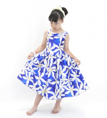 Hula Kids Shantung Dress with Tiare Print / Luxury Collection / Blue / Jp48bl