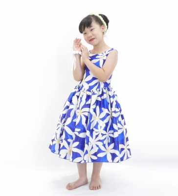 Hula Kids Shantung Dress with Tiare Print / Luxury Collection / Blue / Jp48bl