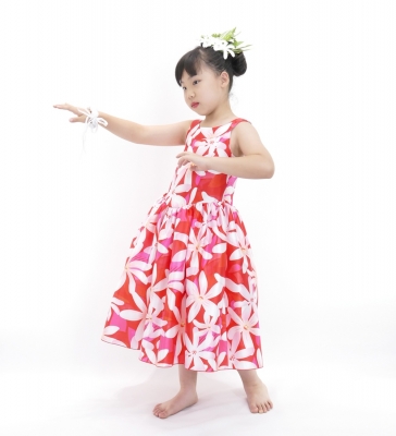 Hula Kids Shantung Dress with Tiare Print / Luxury Collection / Red / Jp48rd