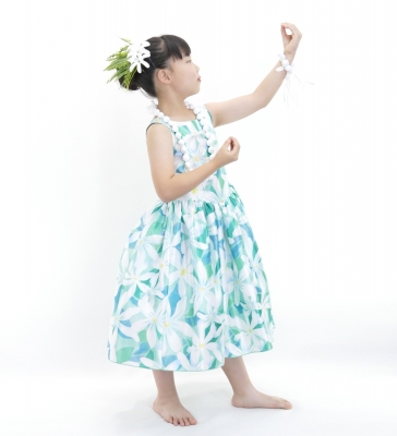 Hula Kids Shantung Dress with Tiare Print / Luxury Collection / Turquoise Blue / Jp48tbl