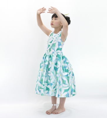 Hula Kids Shantung Dress with Tiare Print / Luxury Collection / Turquoise Blue / Jp48tbl
