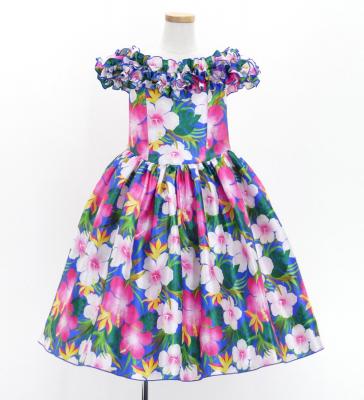 Hula Kids Shantung Dress with Hibiscus Print / Luxury Collection / Blue / Jp50bl