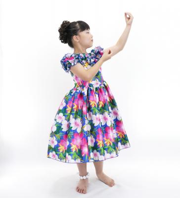 Hula Kids Shantung Dress with Hibiscus Print / Luxury Collection / Blue / Jp50bl