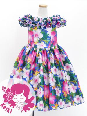 Hula Kids Shantung Dress with Hibiscus Print / Luxury Collection / Blue / Jp50bl