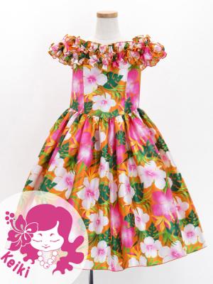 Hula Kids Shantung Dress with Hibiscus Print / Luxury Collection / Orange / Jp50or