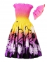 Hula Gradation Midi Dress with Lehua Print / Pink, Yellow & Purple / J1417
