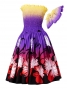 Hula Gradation Midi Dress with Lehua Print / Yellow,Purple & Red / J1418
