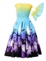 Hula Gradation Midi Dress with Lehua Print / Yellow, Blue & Purple / G1419