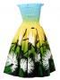 Hula Gradation Midi Dress with Lehua Print / Blue, Yellow & Green / J1420