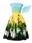 Hula Gradation Midi Dress with Lehua Print / Blue, Yellow & Green / J1420