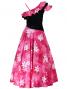 Hula One Shoulder Dress with Velvet & Plumeria Print / Red / G1882r