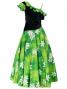 Hula One Shoulder Dress with Velvet & Plumeria Print / YellowGreen / G1882yg