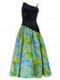 Hula One Shoulder Velvet & Plumeria Dress / Black & Blue-Green / G2483gr