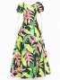 Hula Long Dress with Heliconia Print / Luxury Collection / Black / J2687bk