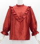 Hula Yoke Frill Blouse with Shantung / Dark Red 2 / J3169drd2