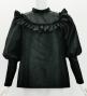 Hula Yoke Frill Balloon Sleeve Blouse with Shantung / Black / J3197bk