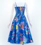 Japan Fabric Long Dress with Chrysanthemum & Plum Blossom & Cherry Blossom Print / Shantung / Blue / JW003bl
